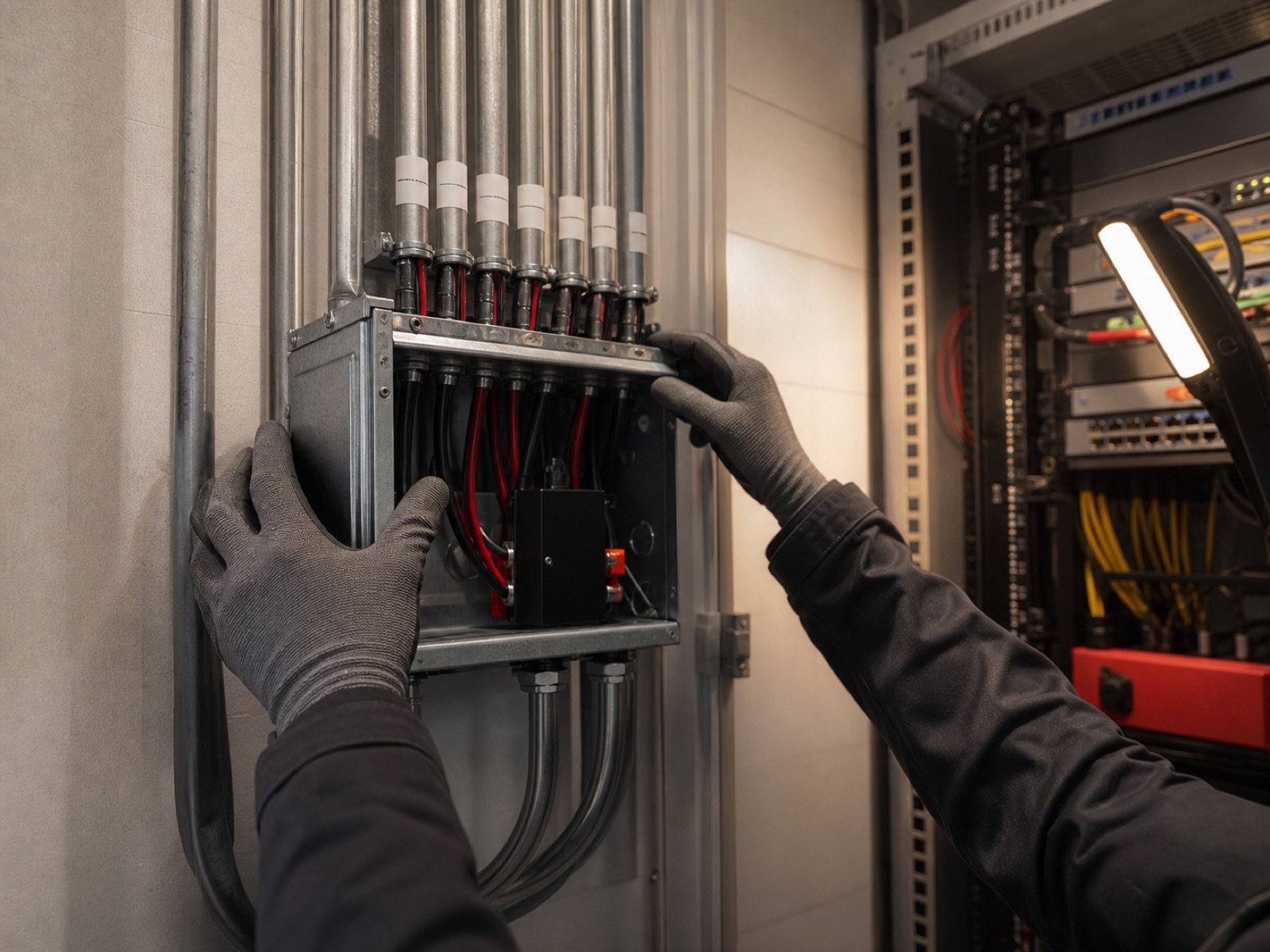Travail électrique commercial avec conduits et boîte de jonction