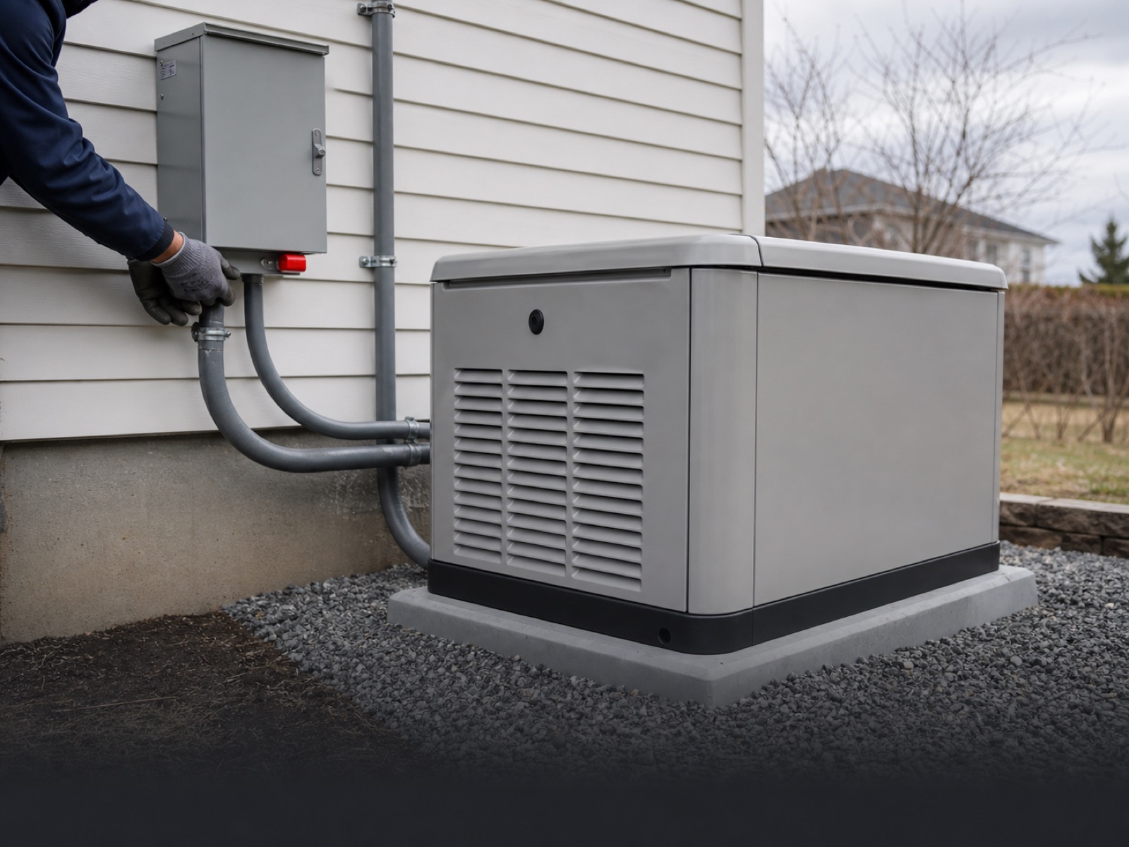 Installation extérieure de génératrice et raccordement électrique résidentiel