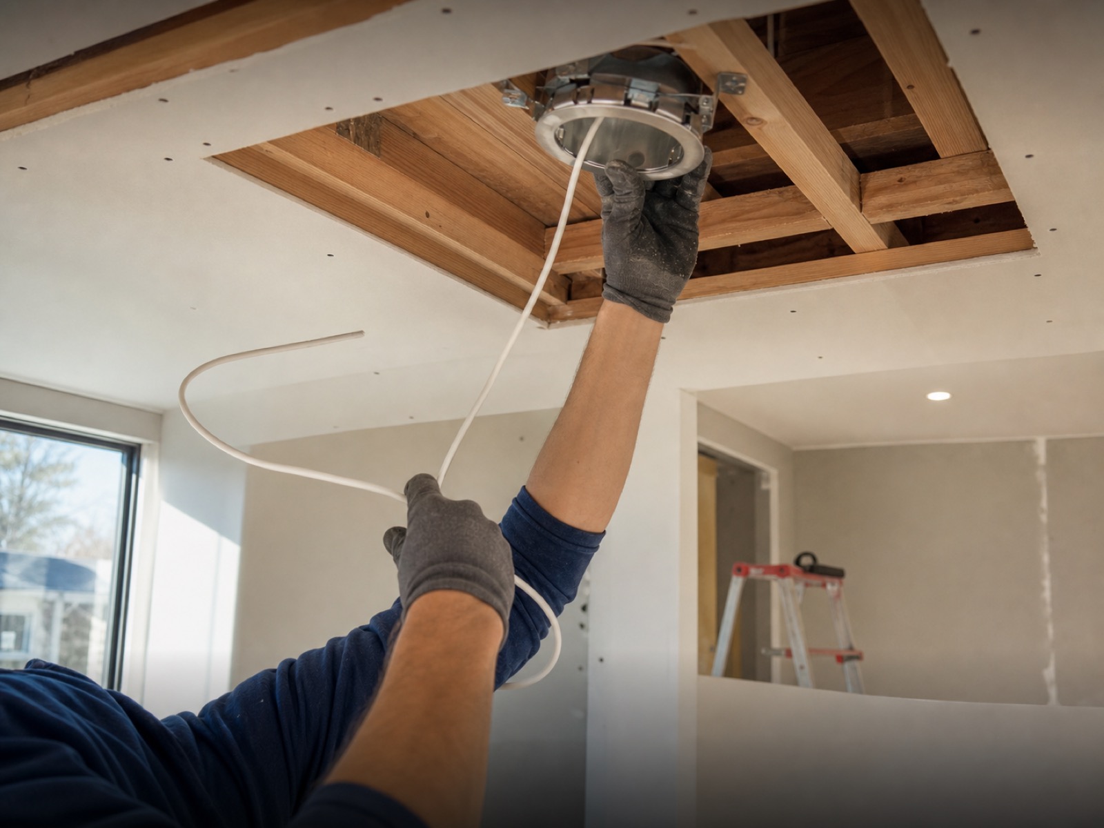 Installation de câblage et éclairage encastré pendant une rénovation résidentielle
